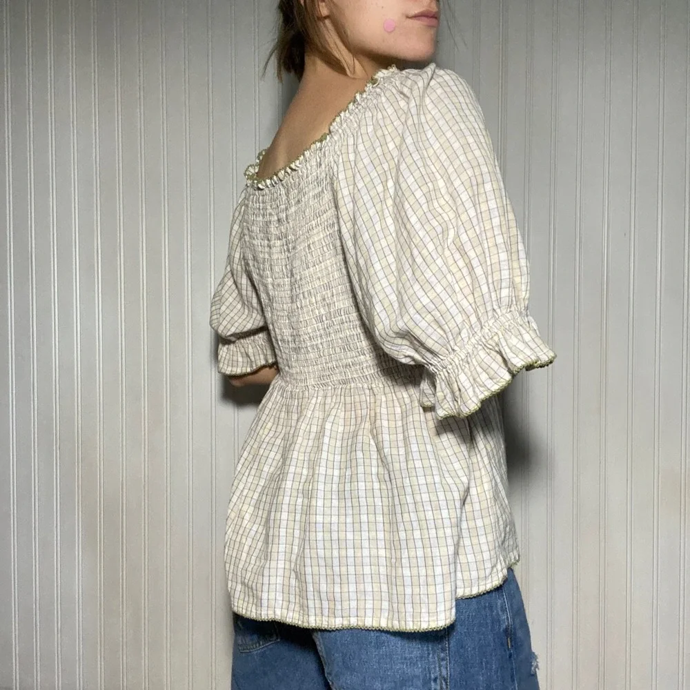 Old Navy Cottagecore Cream Plaid Peasant Top Puff Sleeve Smocked Ruffle - Large
